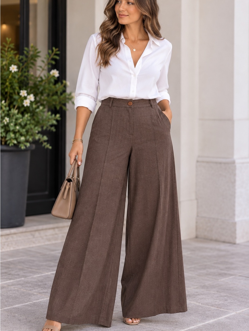 Goddess Wide-Leg High-Waist Brown Trousers